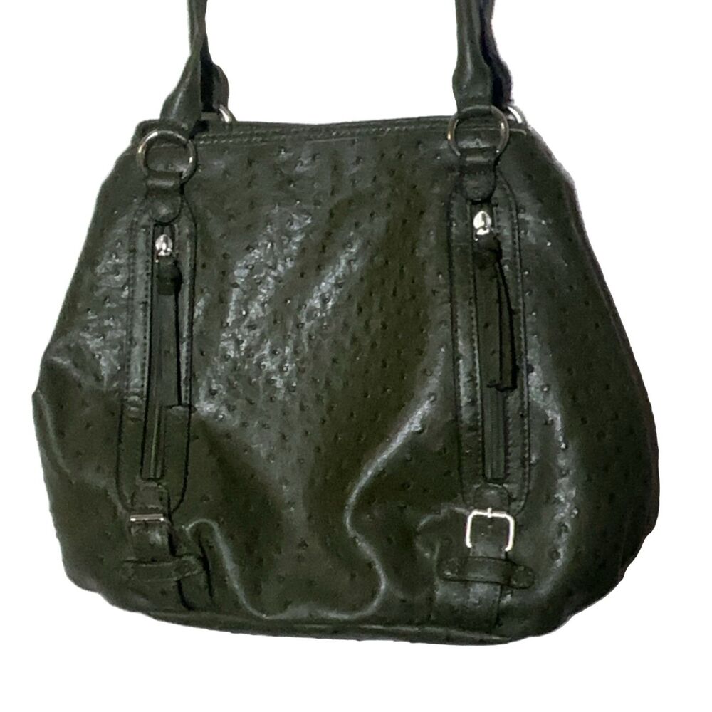 BUENO Faux Ostrich Skin Handbag Olive Green Medium Shoulder Bag Women's